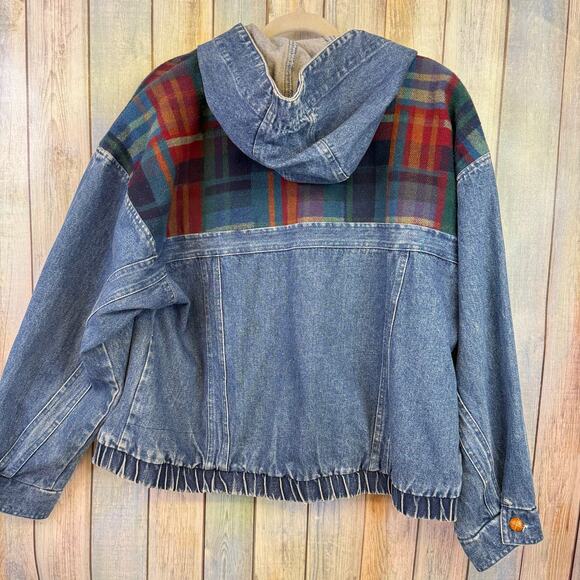 Braetan Vintage Denim Jacket Large Plaid Flannel Blue Jean 90s Hoodie Coat - Picture 3 of 10
